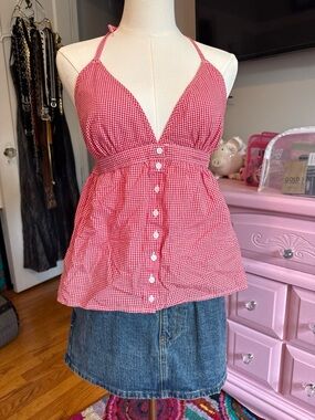 Hollister Red Gingham Halter Button-Front Camisole